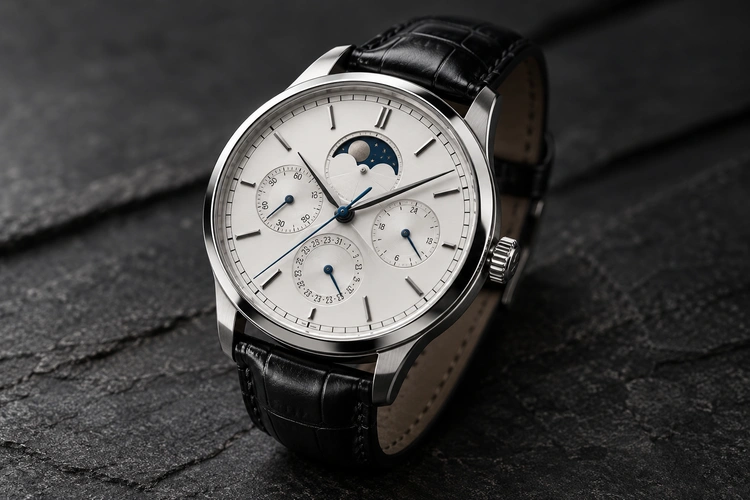 Klassische mechanische Uhr mit hellem Zifferblatt und schwarzem Lederband
